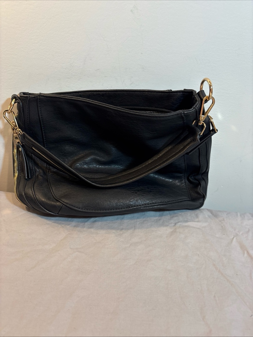 Miztique Black Leather Shoulder Bag with Gold Hardware